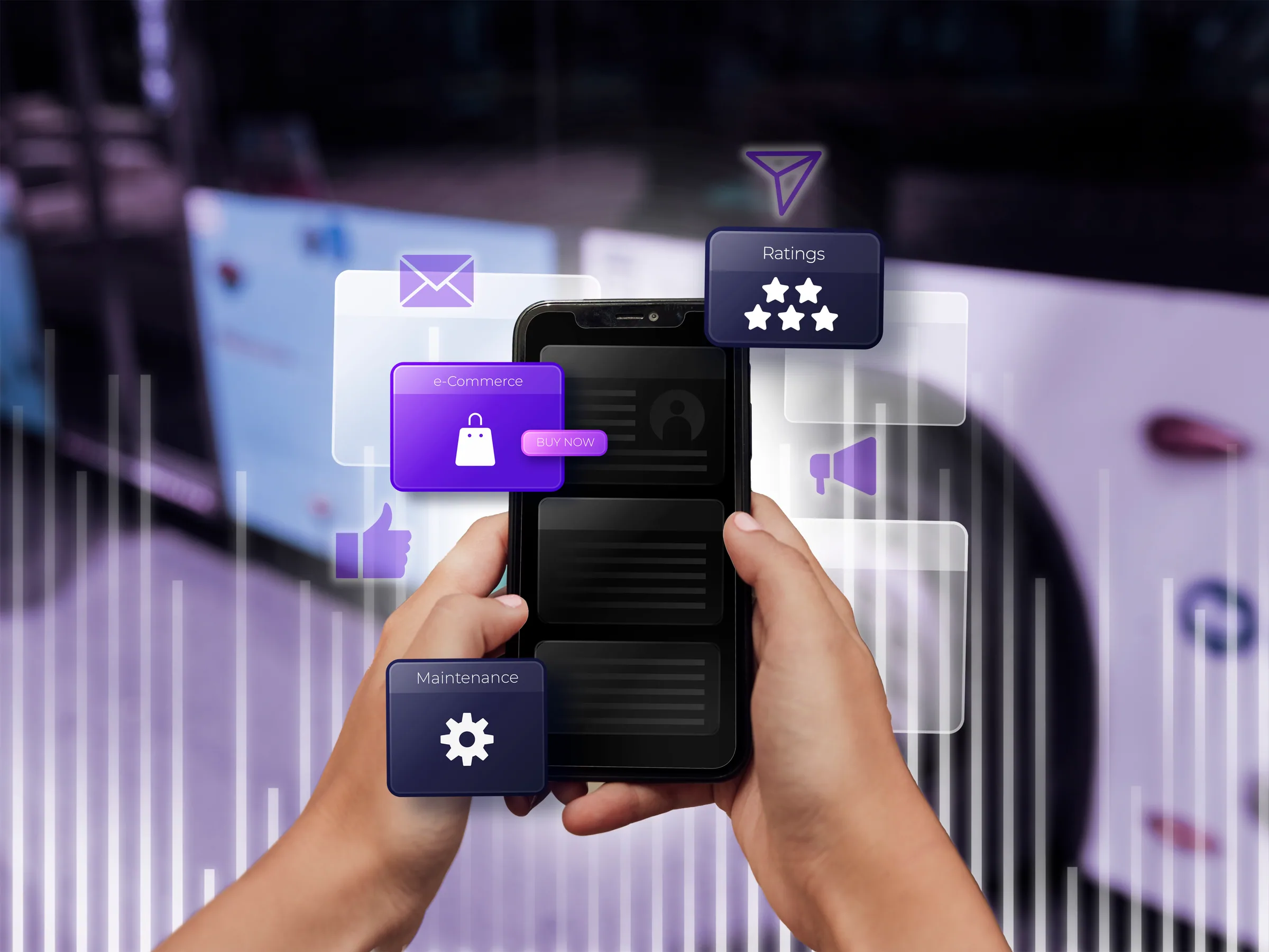 Mobile app interface with icons for e-commerce, highlighting the importance of error monitoring for seamless app performance.
