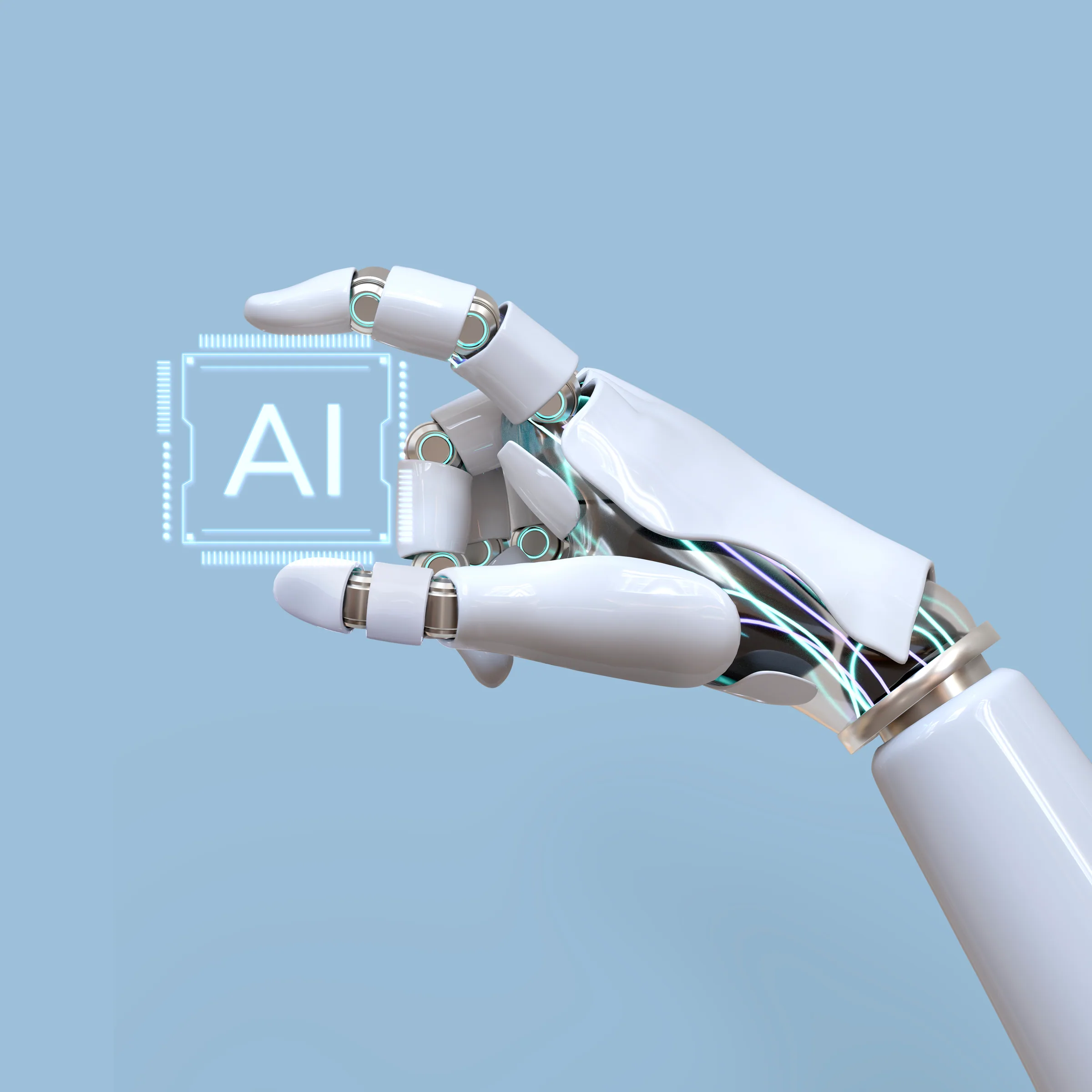 Robotic hand holding AI chip icon representing artificial intelligence technology innovation in modern industries.