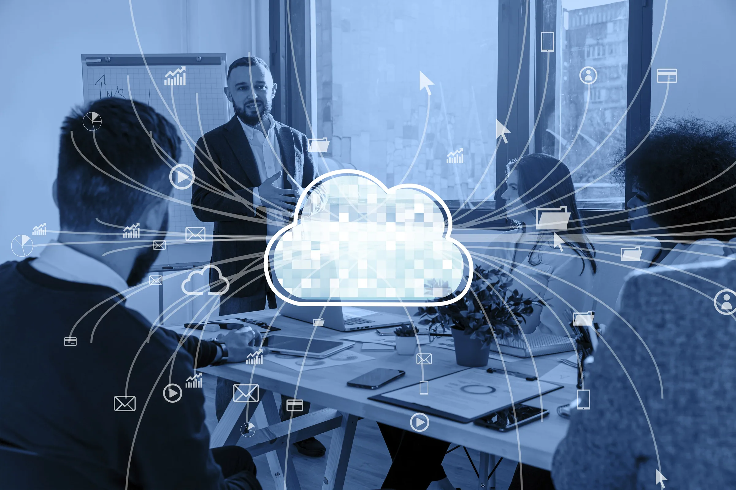 Business team discussing cloud-based data conversion management for enhanced error prioritization and efficient data handling.