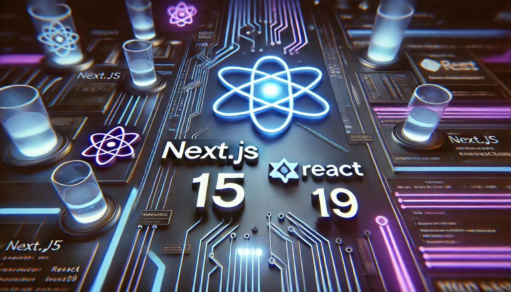 Next.js 15 and React 19 futuristic digital circuit board with glowing neon icons.