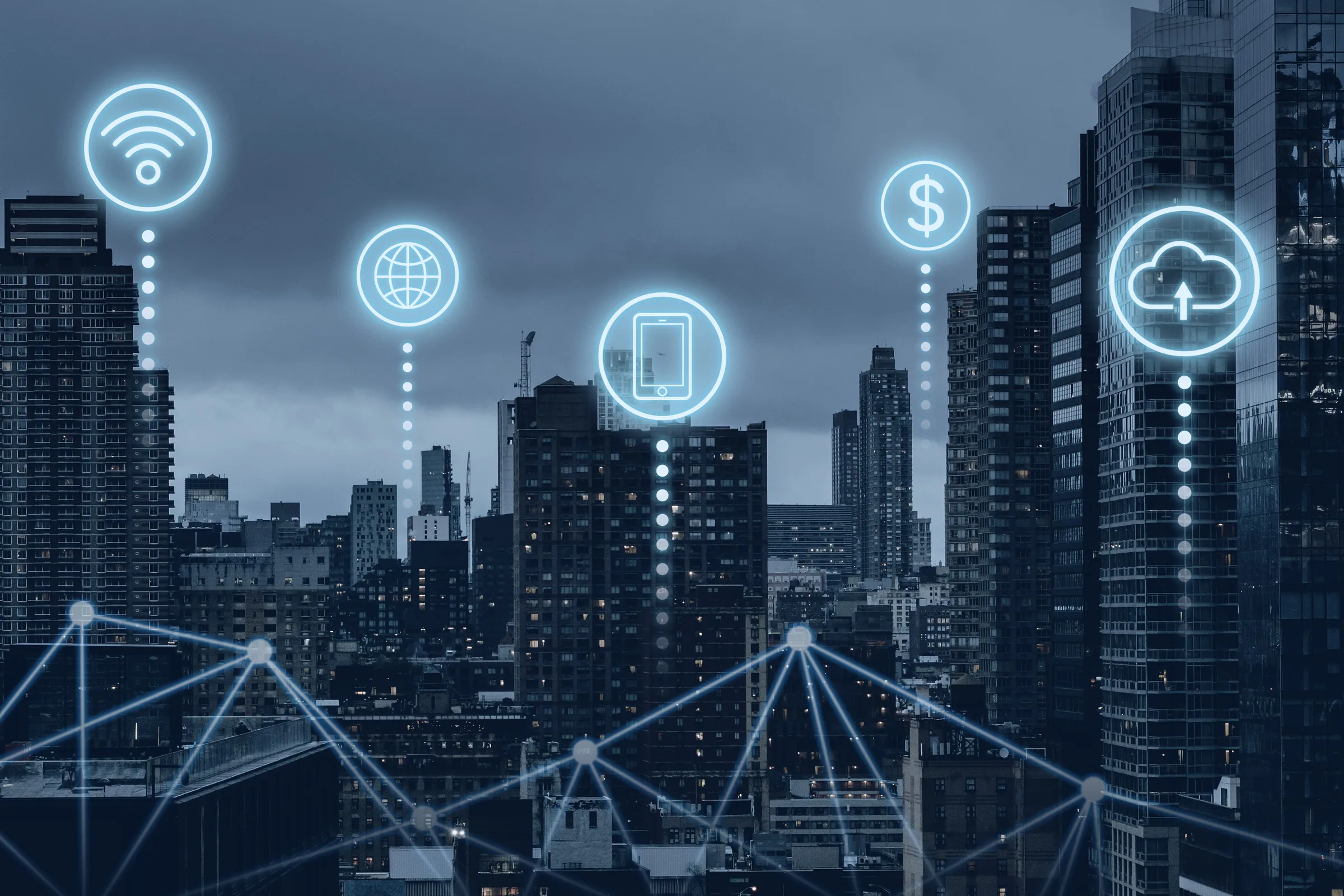 Smart city with interconnected network icons representing scalable telecom infrastructure and network optimization.