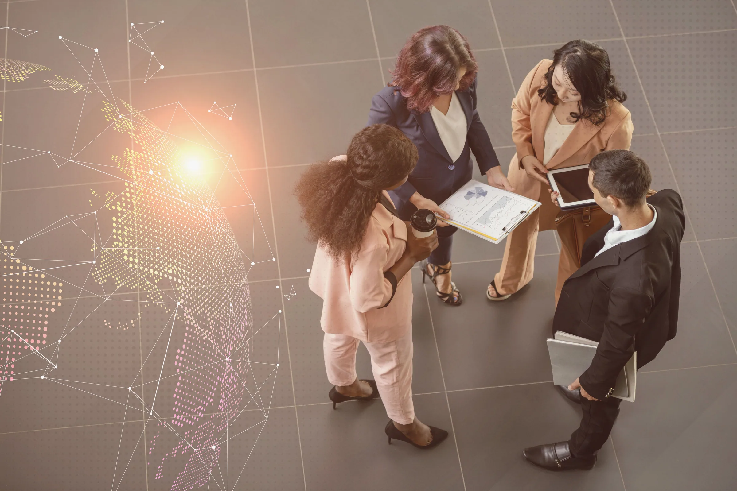 Business professionals discussing digital transformation strategies with data visualization.