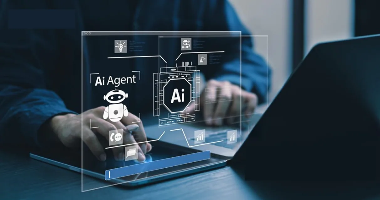Futuristic AI Agent interface showing AI, chatbot, and analytics icons.