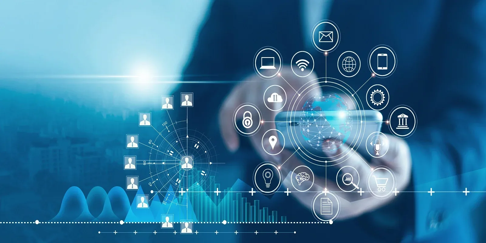 Business professional using a smartphone with interconnected digital icons representing digital transformation in enterprises.