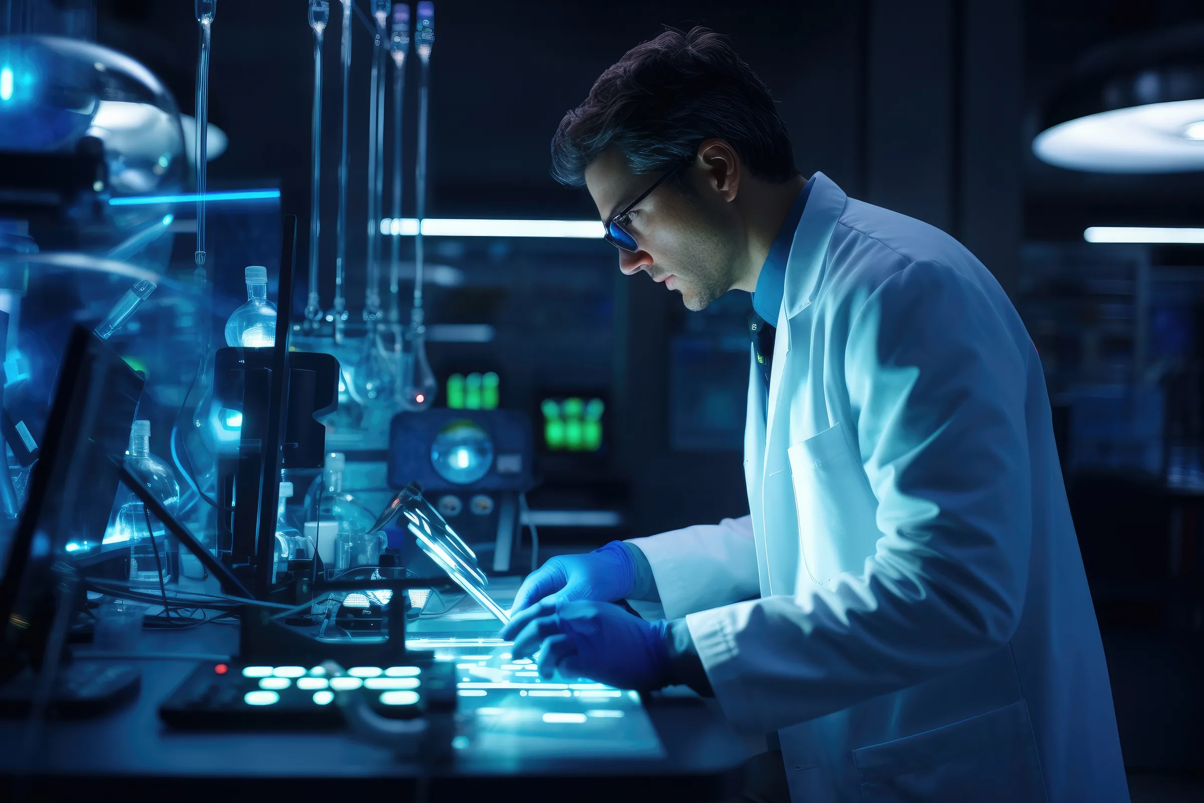 Medical researcher in a high-tech laboratory conducting advanced experiments for hospitals.
