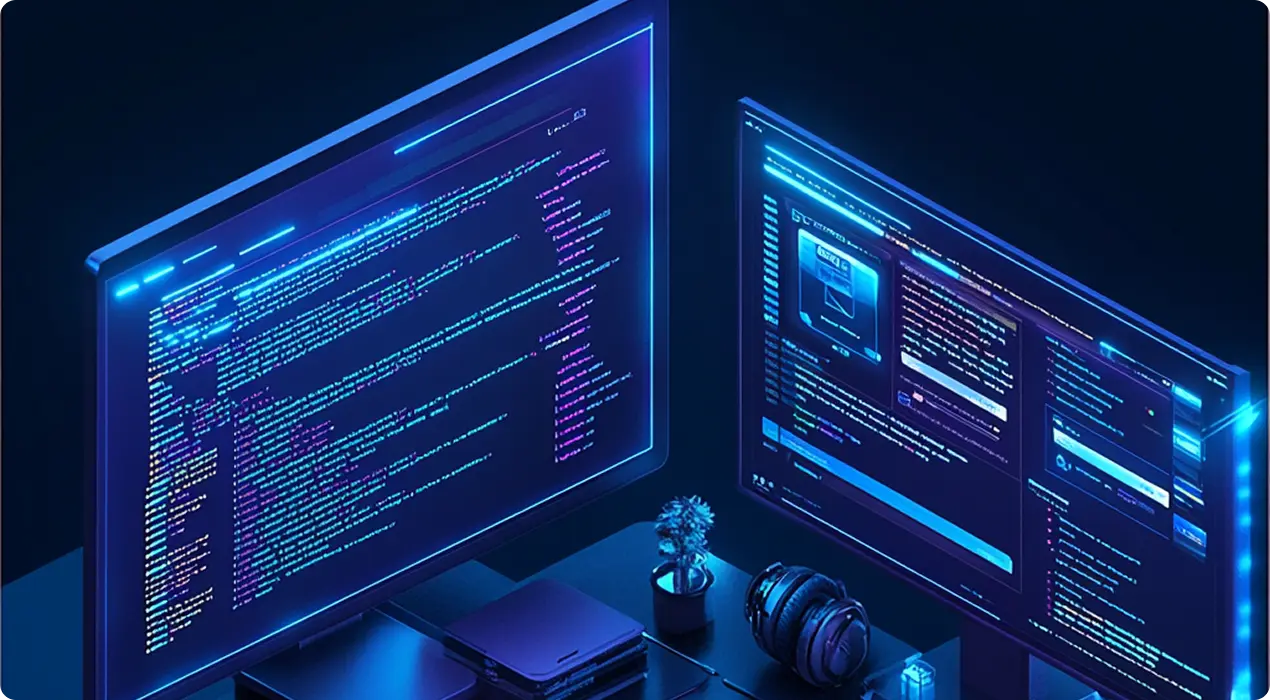 High-tech dual-screen workspace displaying advanced coding and development interface for web application development.